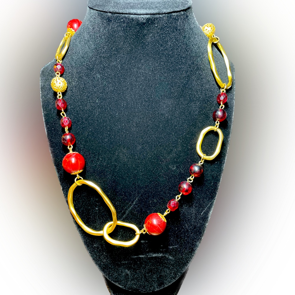 Express Gold Toned Single Strand Ruby Red Beaded … - image 1